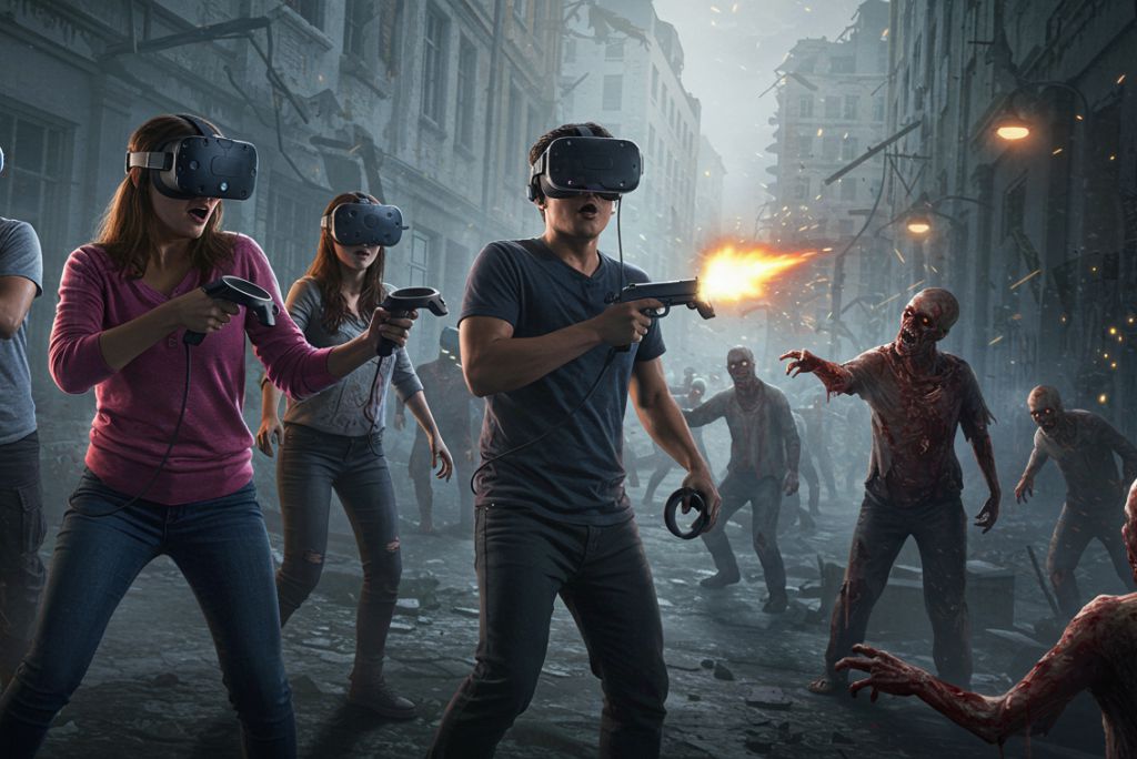 Multiracial friends playing arcade game at amusement park